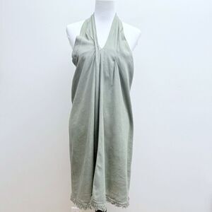 NWT Easel Linen Blend Olive Green Halter Sundress Fringed Hem Women’s Medium